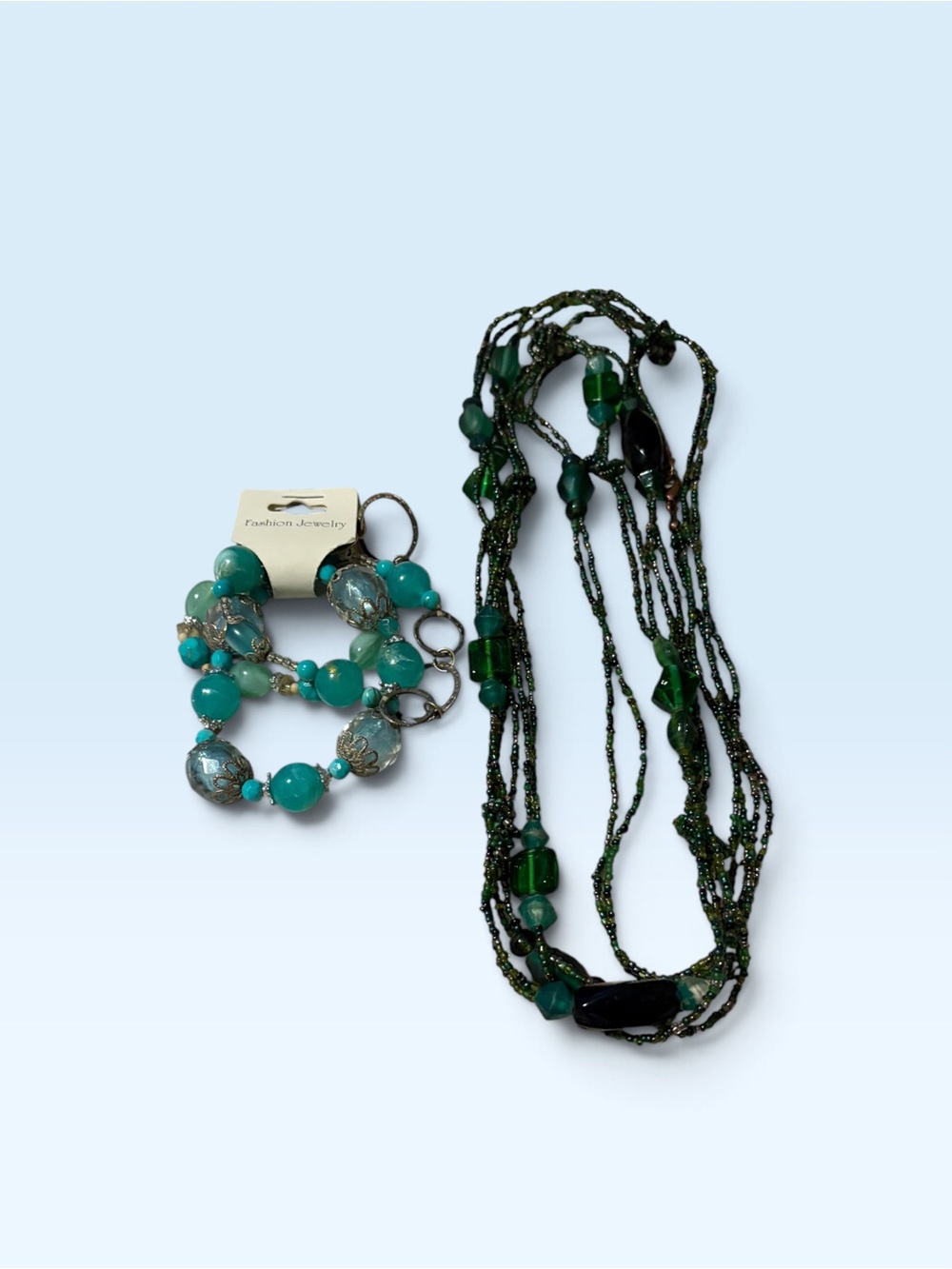 Fashion Jewelry Teal and Dark Green Beaded Necklace with Teal Bracelet